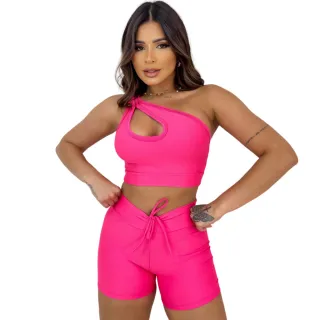 Conjunto Fitness Liso Top + Short Premium para Academia e Caminhada - Pink