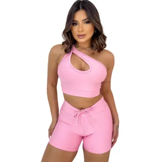 Conjunto Fitness Liso Top + Short Premium para Academia e Caminhada - Pink