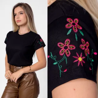 Kit 2 Tshirt Bordadas Manga Algodão Fio 30 - PRETA/OFF