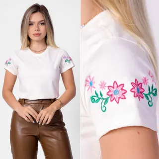 Kit 2 Tshirt Bordadas Manga Algodão Fio 30 - PRETA/OFF