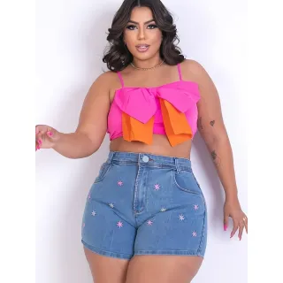 Crochê Plus Size Premium Jeans Curto com Laycra