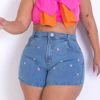 Crochê Plus Size Premium Jeans Curto com Laycra - Azul-claro