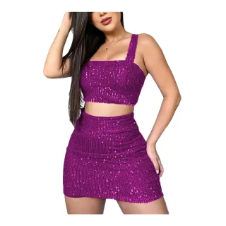 Saia Feminino Luxuoso e Conjunto Cropped em PAÊTE - Rose Golde