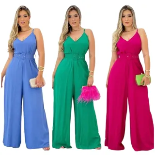 Widepeg Pantalona Feminino - Macacão Sofisticado Elegante com Cinto - Alcinha Azul