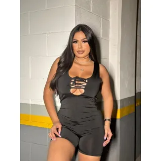 Macaquinho curto com zíper - Lançamento da moda, ideal para balada e academia - Preto curto.