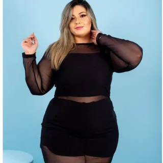 Conjunto Plus Size em Tule: Short, Cropped e Vestido - Kit de 3 peças - Preto