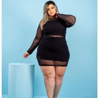 Conjunto Plus Size em Tule: Short, Cropped e Vestido - Kit de 3 peças - Preto