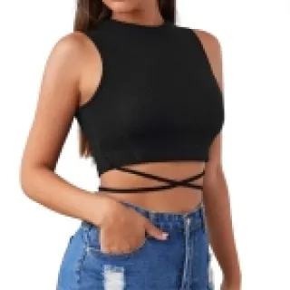 Promoção Blusinha Jade Malha Canelada Cropped Top Gola Alta - Preto