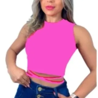 Promoção Blusinha Jade Malha Canelada Cropped Top Gola Alta - Preto