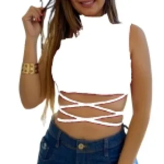 Promoção Blusinha Jade Malha Canelada Cropped Top Gola Alta - Preto