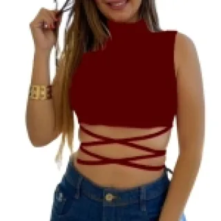 Promoção Blusinha Jade Malha Canelada Cropped Top Gola Alta - Preto