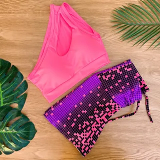 Conjunto Fitness Feminino Estampado - Cropped Top com Bojo e Short de Cordinha Regulagem - Estampa 2