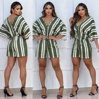 Lançamento Macaquinho Flare Listrado Manga Malha Fria - Moda Feminina - Duas Listras Tiffany