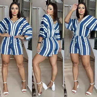 Lançamento Macaquinho Flare Listrado Manga Malha Fria - Moda Feminina - Duas Listras Tiffany