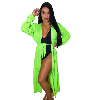 Moda Verão: Vestido Feminino Longo Sobretudo para Saída de Praia - Verde neon