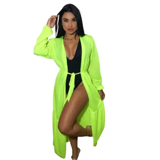Moda Verão: Vestido Feminino Longo Sobretudo para Saída de Praia - Verde neon