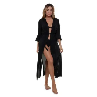 Vestido Feminino Manga 3/4 Verão Longa Canga Saída de Praia - Preto