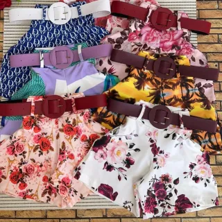 Kit 3 Shortinhos Femininos com Cinto de Malha Suplex - Estampas Florais
