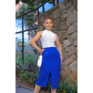 Saia com fenda na frente, midi cargo alfaiataria com bolsos laterais - Pink