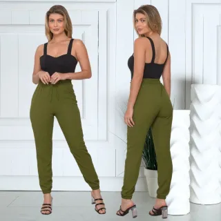 Envio Imediato Calça Feminina Jogger Cintura Alta Lisa - Verde Militar