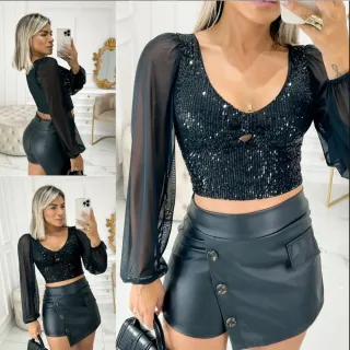 Moda Feminina Cropped Manga Longa Paetê Brilho Festa Balada - Preto