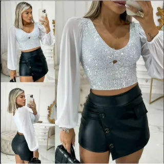 Moda Feminina Cropped Manga Longa Paetê Brilho Festa Balada - Preto