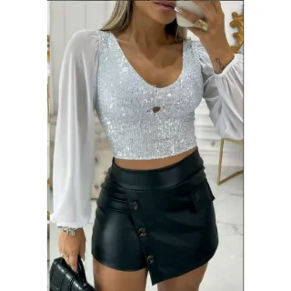 Moda Feminina Cropped Manga Longa Paetê Brilho Festa Balada - Preto