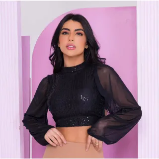 Moda feminina gringa: Cropped manga longa de brilho com gola alta - Preto