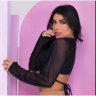 Moda feminina gringa: Cropped manga longa de brilho com gola alta - Preto