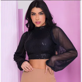 Moda feminina gringa: Cropped manga longa de brilho com gola alta - Preto