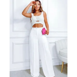 Tendência 2023: Calça Wide Leg Pantalona Feminina Duna com Botão - Azul Marinho(Com forro)