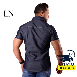 Slim Fit Manga Curta Camisa Jeans Masculina - Azul Claro