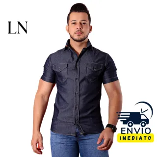 Slim Fit Manga Curta Camisa Jeans Masculina