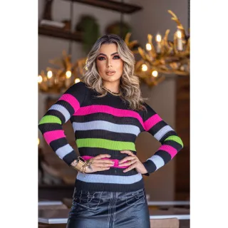 Moda Blogueiras: Blusa Listrada Tricot Cacharrel Feminina - Marinho c/Listras Sortida
