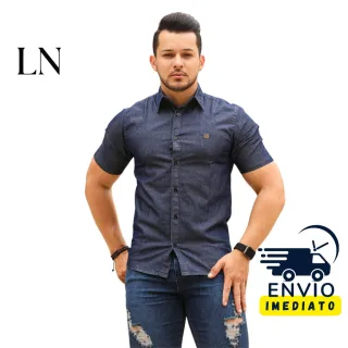 Bordada Manga Curta Masculina Camisa Jeans