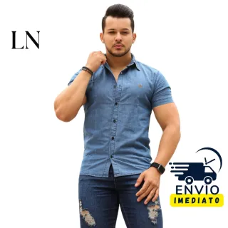 Bordada Manga Curta Masculina Camisa Jeans - Azul Escuro