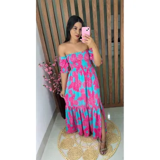 Floral longo ciganinha lastex - Vestido ombro a ombro com fenda - Xadrez 49