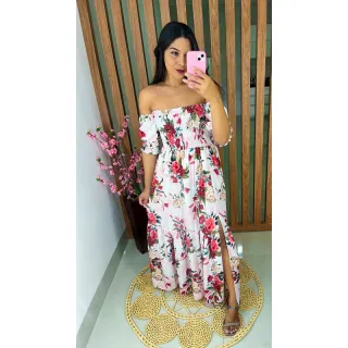 Floral longo ciganinha lastex - Vestido ombro a ombro com fenda - Xadrez 49