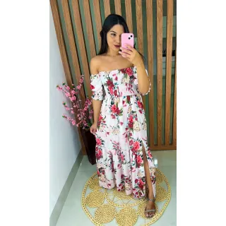 Floral longo ciganinha lastex - Vestido ombro a ombro com fenda - Xadrez 49