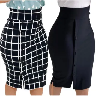 Moda evangélica: Saia lápis com fenda e botões em tecido suplex - Preto