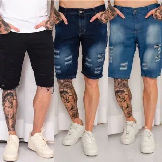 Rasgado Masculina Bermuda Jeans Kit 3