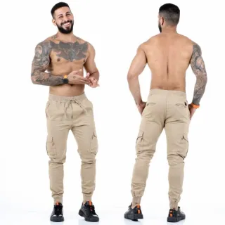 Pronta entrega calça cargo masculina sarja e jeans coloridas com elástico - Verde