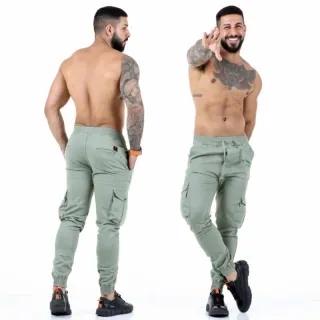 Pronta entrega calça cargo masculina sarja e jeans coloridas com elástico - Verde