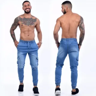 Pronta entrega calça cargo masculina sarja e jeans coloridas com elástico - Verde