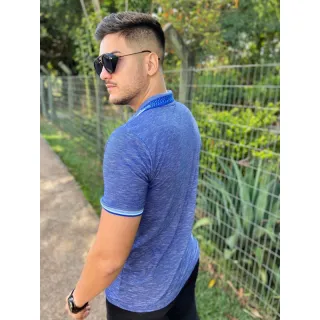 Trabalhada Azul Royal Camiseta Gola Polo Masculina - Envio Imediato - AZUL JACQUARD