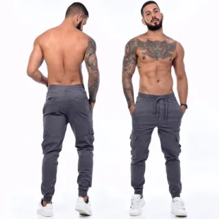 Pronta entrega calça cargo masculina sarja e jeans coloridas com elástico - Verde
