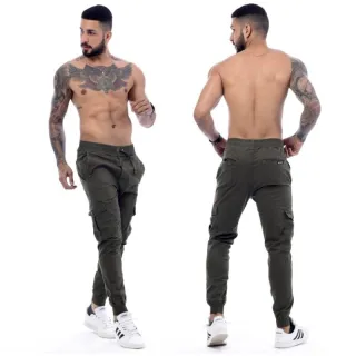 Pronta entrega calça cargo masculina sarja e jeans coloridas com elástico - Verde