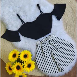 Cropped feminino + jardineira vermelha, promoção só hoje! - Preta Jardineira