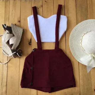 Cropped feminino + jardineira vermelha, promoção só hoje! - Conjunto Azul