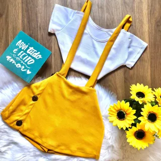 Cropped feminino + jardineira vermelha, promoção só hoje! - Conjunto Azul